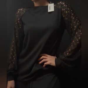 Black Textured/Waffle Shirt with Lace Sleeves